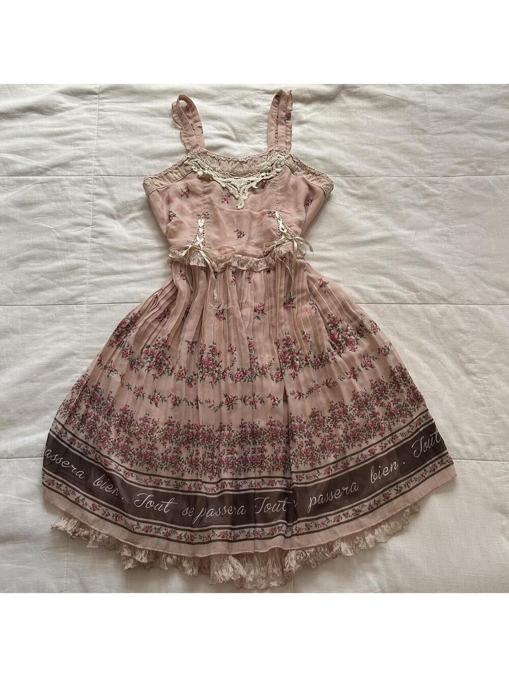 Axes Femme Pink Floral Rose Print Lace Ribbon Bow Pleated Jumper Dress M Japan